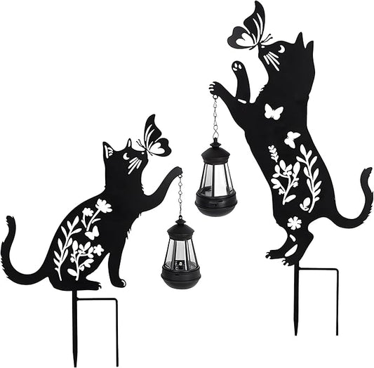 Solar-Powered Black 2-Pack Cats Garden Decor Stakes - Metal Silhouette Figurine for Outdoor Yard, Lawn, and Patio Decoration
