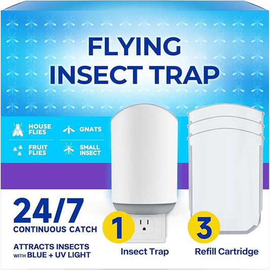 Plug-in Flying Insect Trap & Bug Zapper with Blue UV Light–Indoor/Outdoor Quiet Fly Killer for Gnats, Fruit Flies & House Flies – Bedroom, Patio, Garden (1 Device + 3 Sticky Boards)