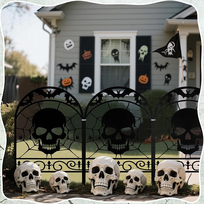 6 Pack Halloween Skull Fence Outdoor Decoration Spooky Graveyard Fence for Halloween Yard Party Decor, Black Metal Decorative Garden Stake Yard Sign for Lawn Porch, 16.5''h x 11.8''w