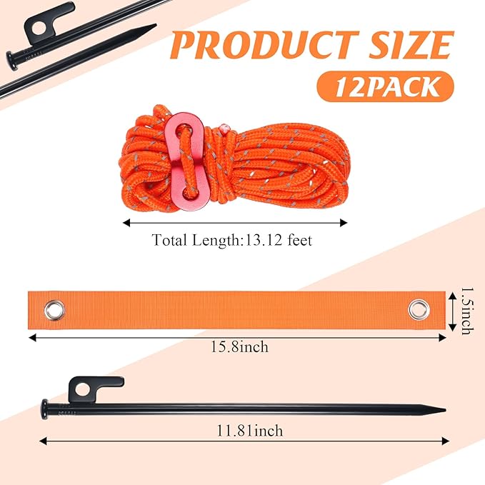Sintuff 36 Pcs Heavy Duty Tree Stake Kits Stake and Support for Young Leaning Tree Anchor Straightening Kit, 15.8'' Support Straps, 11.8'' Steel Stakes, 13.12ft Rope(Orange, Black)