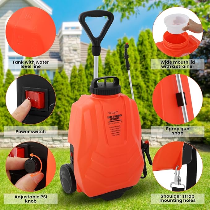 Battery Powered Backpack Sprayer 4.2 Gallon,Adjustable Wheeled Cart, 0-94 PSI,6 Hours Long Battery Life,12V 8Ah Battery,Backpack Sprayer with 10 Nozzles for Weeding, Spraying, Cleaning
