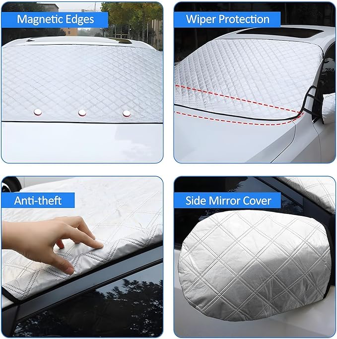 Gintenco Car Windshield Snow Cover, Frost Ice Windscreen Covers with Magnetic Edges, 4 Layers Thickness Snow Protector Covers with Side Mirrors Cover Easy to Use for Car SUV CRV Trucks (Large)