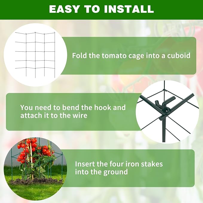 6 Packs Tomato Cages for Garden, 12"×12"×48" Plant Support Cage with Different Spacing, Green Metal Trellis for Climbing Plants Like Cucumber, Flowers