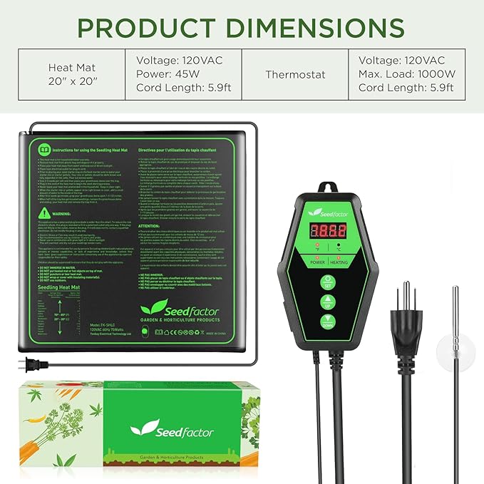 Seedfactor 20" x 20" MET Certified Seedling Heat Mat and Digital Thermostat Combo Set