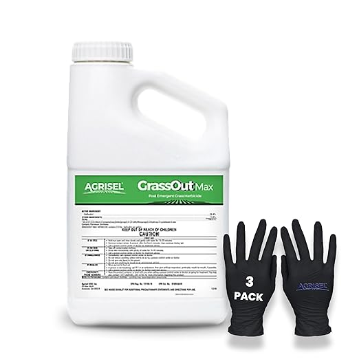 GrassOut Max Weed Killer, Targets 50+ Grassy Weeds Without Harming Desired Plants, Pet Safe, Large Area Treatment, Easy Application, Includes 3-Pack of Agrisel Protective Gloves, 128 Ounces