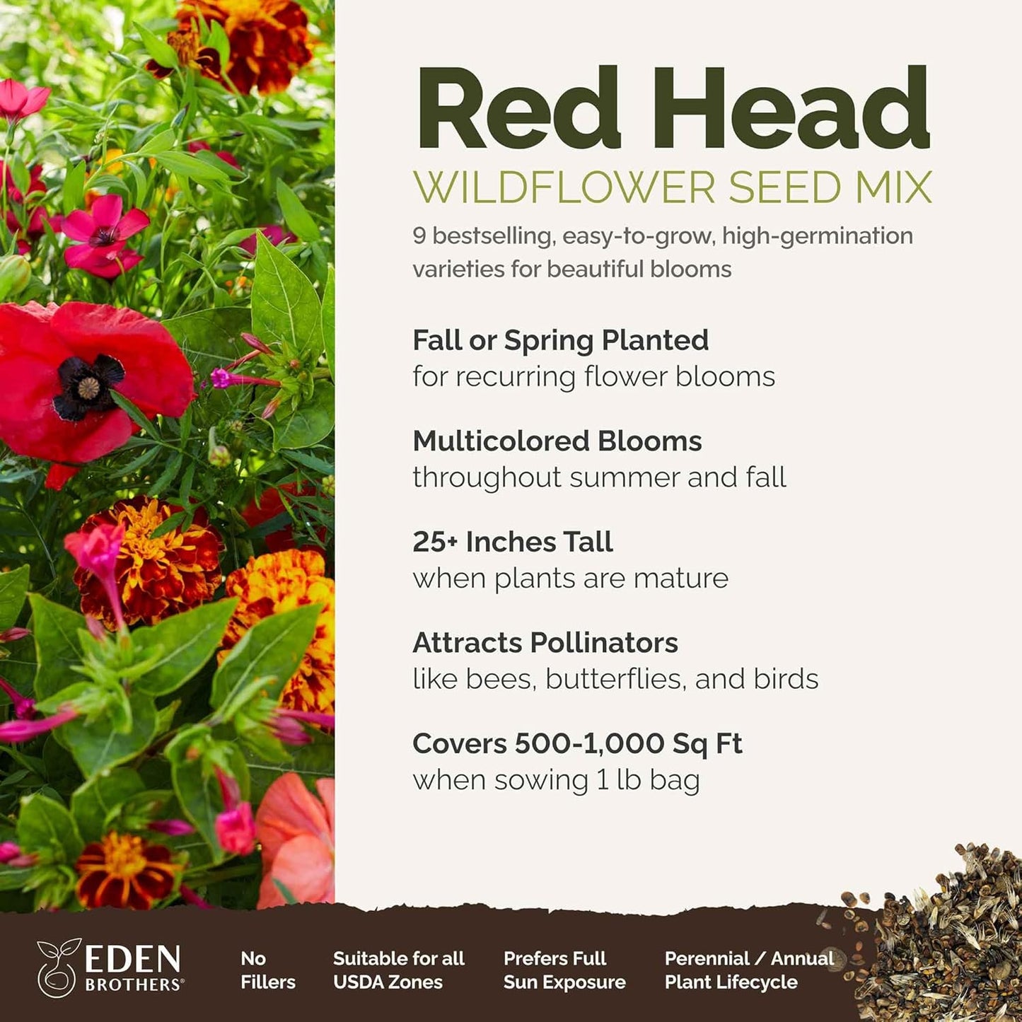Eden Brothers Red Head Wildflower Mixed Seeds for Planting, 1 lb, 480,000+ Seeds with Maltese Cross, Scarlet Flax | Attracts Pollinators, Plant in Spring or Fall, Zones 3, 4, 5, 6, 7, 8, 9, 10