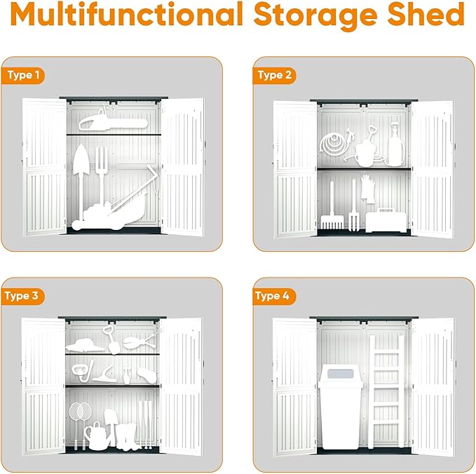 4.5 x 5.7 FT Outdoor Storage Shed, 59 Cuft Outside Waterproof Storage Cabinet, HDPE Resin Plastic 385 Gallon Outdoor Storage Container, Vertical Lockable Storage Shed, Light Grey