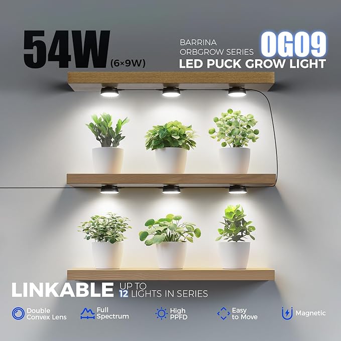 Barrina Orbgrow OG09 Puck Grow Light, 5000K 54W(6 x 9W, 810 Watt Equiv), Full Spectrum Plant Light for Indoor Plants, Magnetic & Linkable with Timer, 5 Levels Dimmable for Plant Shelf, 6 Packs, Black