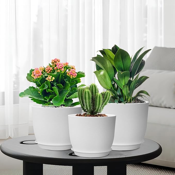 12/10/9 inch Large Plant Pots, 3 Pack Modern Decorative Plastic Planters with Drainage Holes and Saucers, Flower Pots for Indoor Outdoor Plants, White