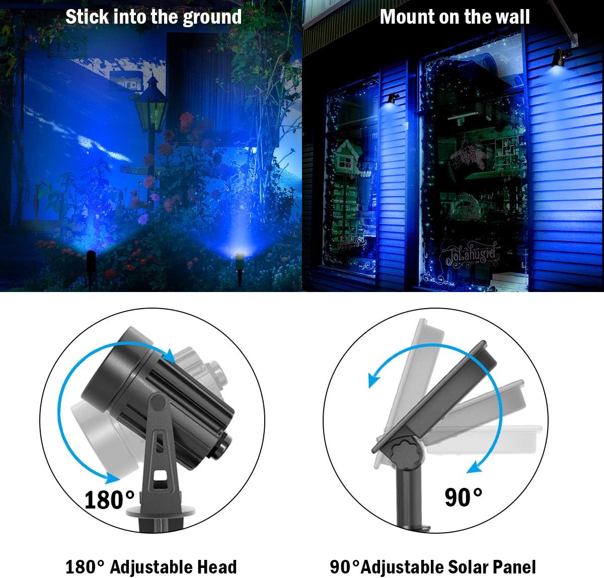 T-SUNUS Halloween Solar Spot Lights Blue Metal Outdoor Spotlights with 9.8ft Cable, IP65 Waterproof, Separated Panel for Yard Driveway Pathway Pool Christmas Tree Patio Landscaping Wall Flag Trees