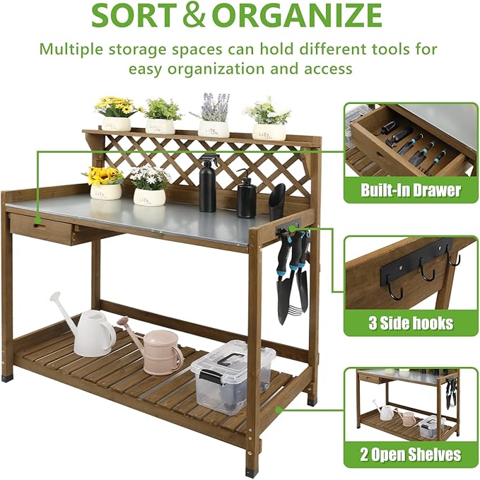 Garden Potting Benches & Tables,Outdoor Wooden Work Station W/Metal Table Top,Drawer,Large Bottom Shelf,Open Shelf Natural Wood-Natural Stained