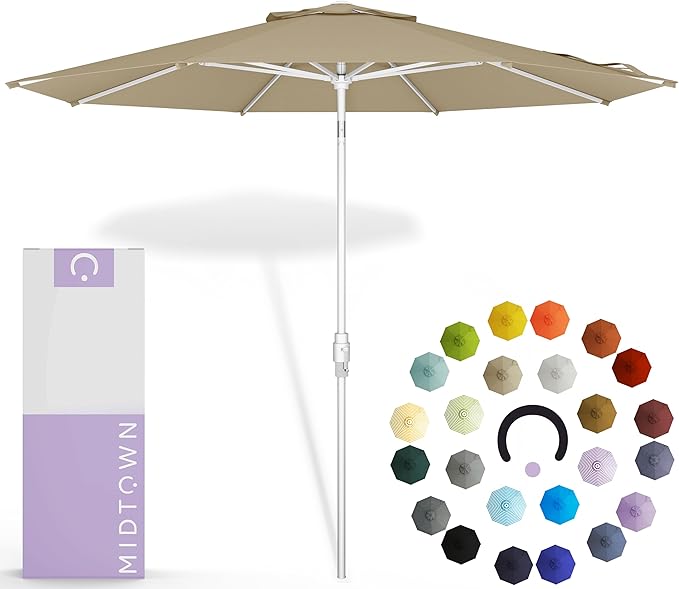Midtown Umbrellas The Swilt 9 Feet Patio Umbrella in Terylast Chestnut (Beige) Polyester Fabric - Fiberglass Ribs, Auto-Tilt Aluminum Frame For Backyard, Deck, Garden, Pool - White Pole
