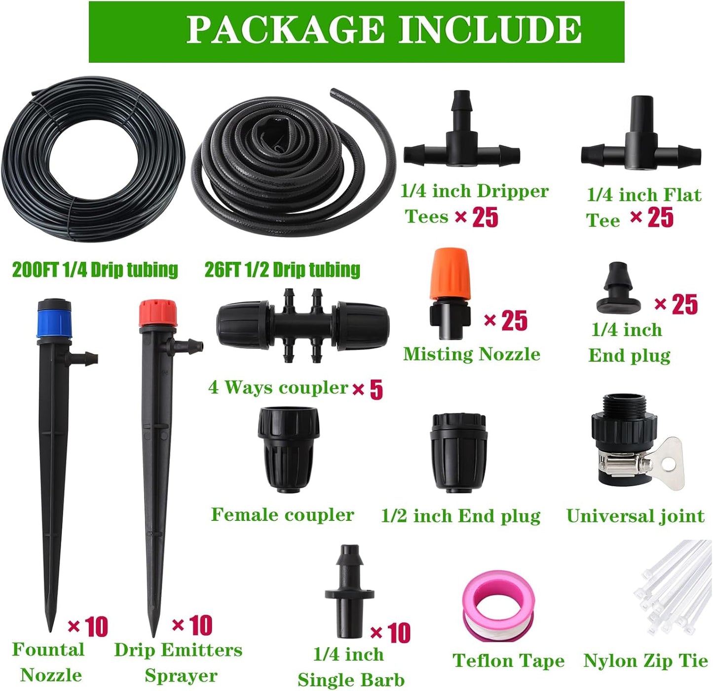 226FT Greenhouse Micro Drip Irrigation Kit Automatic Irrigation System Patio Misting Plant Watering System with 1/4 inch 1/2 inch Blank Distribution Tubing Hose Adjustable Nozzle Emitters Sprinkler