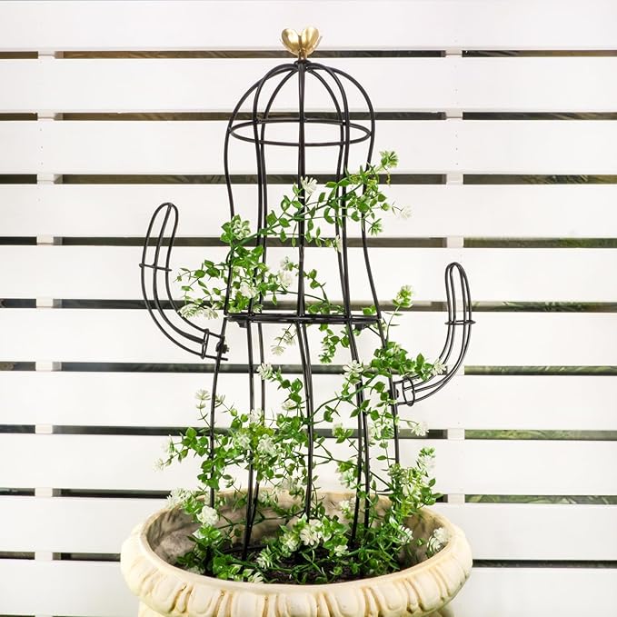Cactus Obelisk Trellis - 16.34”x27.95” Unique Metal Design for Climbing Plants, Garden Decorative Support Structure for Potted Tall Vines and Rose Bushes