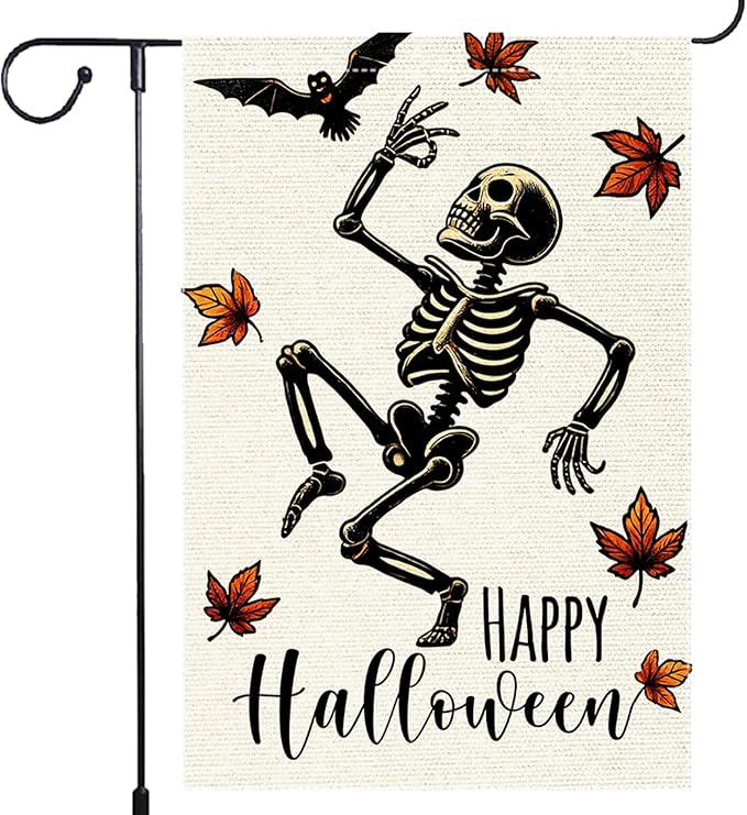 Halloween Garden Flags For Outside Decoration, Fall Garden Flag Funny Happy Skeleton Small Yard Flag For Outdoor Decor 12x18 Inch Vertical Double Sided