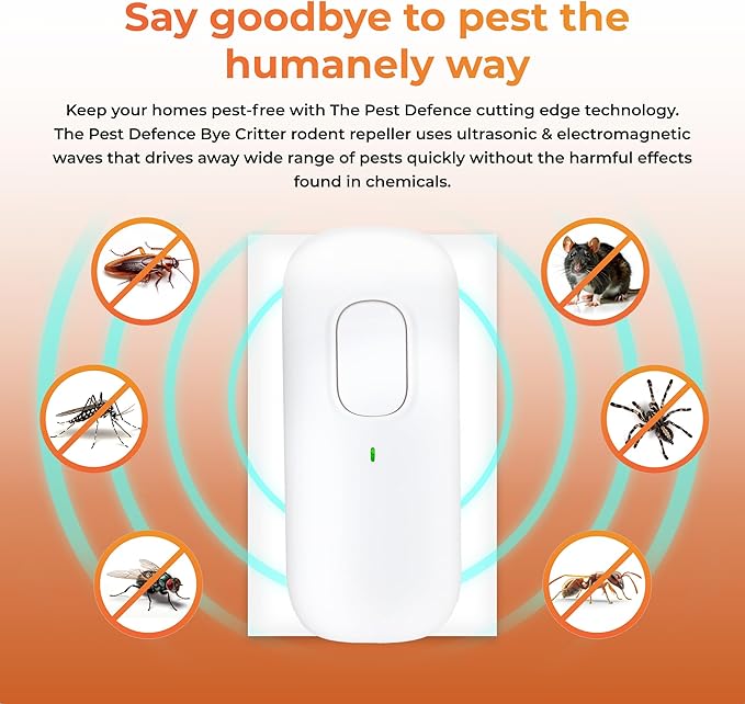 Pest Defence Ultrasonic Pest Repeller, Bye Critter Ultrasonic Pest Repeller Plug-in Mouse Repellent for Home – Repels Mice, Spiders, Rodents, Cockroaches, and Ants – Eco-Friendly, Chemical-Free