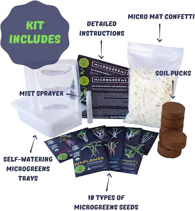 Self Watering Indoor Microgreens Kit - Soil and Hydroponic Combo Pack - Complete Microgreens Growing Kit for Vegetable Seeds & Herb Seeds - Broccoli Seeds, Radish, Chard Seeds, Cilantro Seeds, & More
