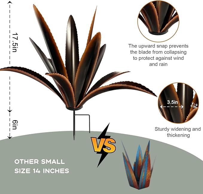 TOMBABY Enlarge Thickened Wind Resistant Metal Agave Garden Art Plant Country Garden Sculpture Statue Outdoor Decoration Agave Metal Plant Courtyard Ornament Gift (2, 12 Leaves Black)