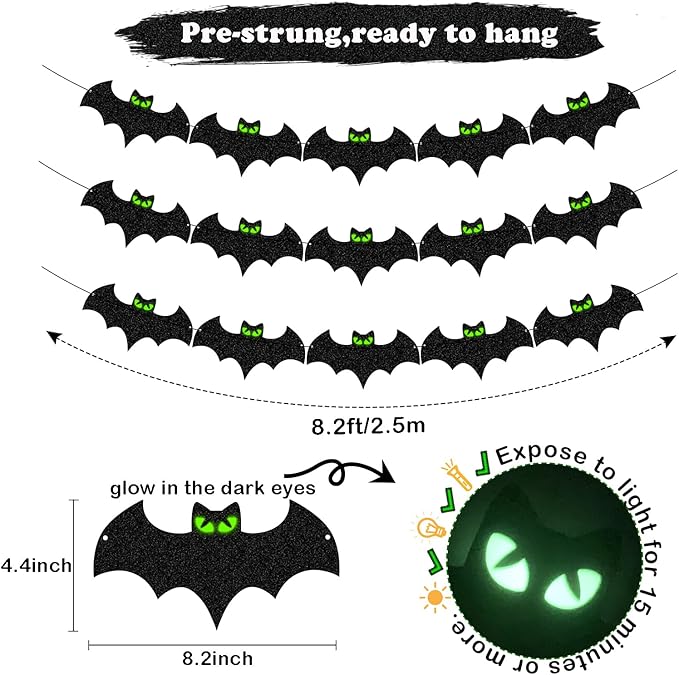 Halloween decorations - Glow Eyes Bats Banner for Halloween Bats Decor (Pre-Strung)