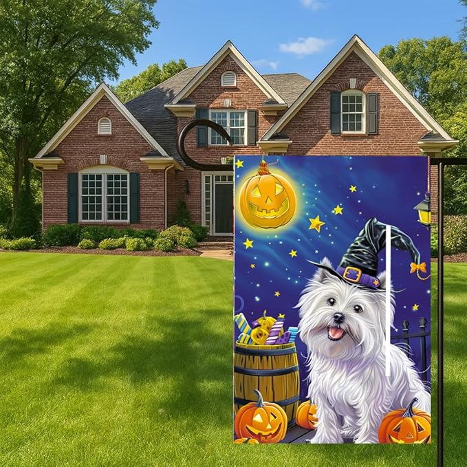 Halloween White Dog Garden Flag 12x18 Inch Double Sided Outdoor Flag