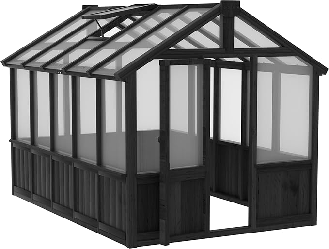 6x10 FT Greenhouse Kit for Outdoor, Thickened Polycarbonate Panel Wooden Walk-in Green House with Lockable Door and Adjustable Roof Vent, Backyard Garden, Black