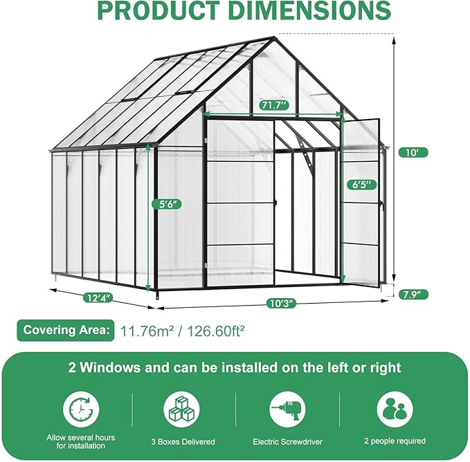Greenhouse, 10x12 FT Easy Assembly Hybrid Polycarbonate Greenhouses for Outdoors w/2 Vent Windows & Swing Door Walk-in Greenhouses Aluminum Green House for Garden Backyard, Black