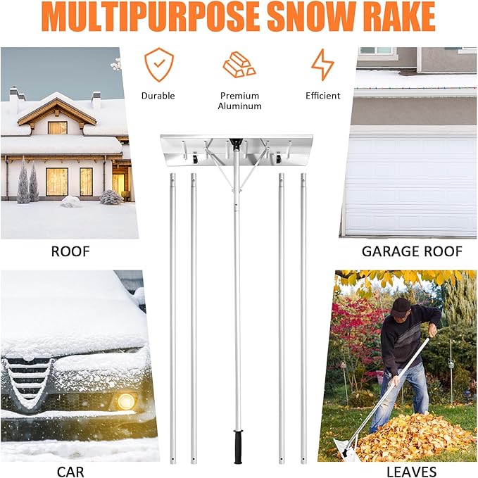 Gisafai Snow Roof Rake Snow Removal Tool with 5 Section Tubes 25 Inch Blade Adjustable 4.8-20 ft Reach Aluminum Shovel Rugged Slide for Single Cabins Car Roof (Silver)