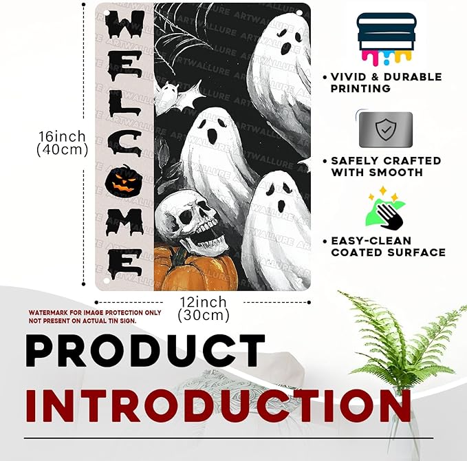 Welcome Halloween Ghost Metal Tin Sign Vintage Retro Wall Decor Rustic Metal Poster For Home Yard Outdoor 12x16inch