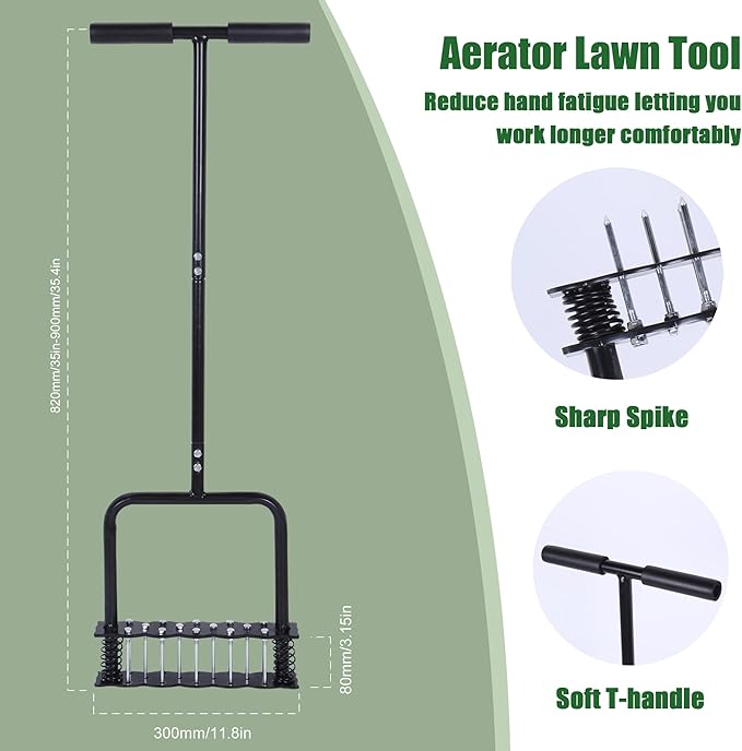 Lawn Aerator Tool, Manual Lawn Aerators with 14 Iron Spikes, Spring-Loaded Design Lawn Air Aerator Tool, Metal Manual Push Aerator, Lawn Tool for Loosening Soil Aerating Patio, Yard