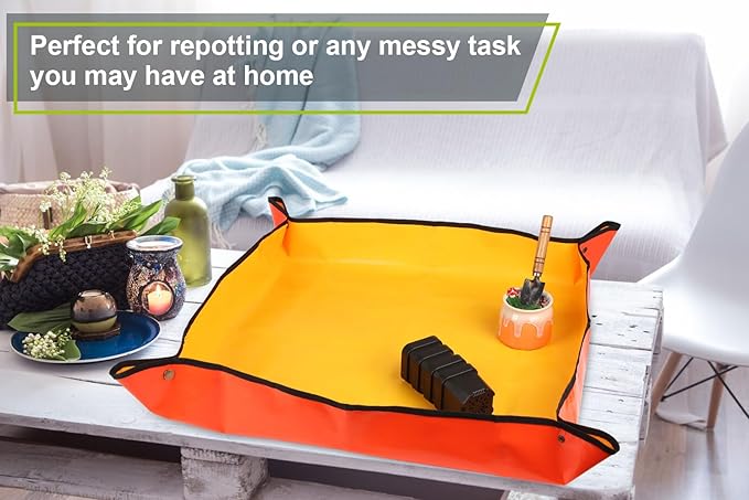 Azureblue Plant Repotting Mat for Indoor Plants Potting Soil, Foldable Waterproof Plant Repotting/Potting Tray, Portable Potting Mat Gardening Tray for House Plants (Small 26.8 X 26.8 (Orange))