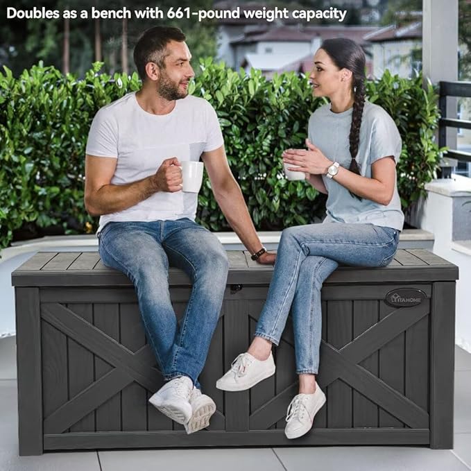 YITAHOME 120 Gallon Large Deck Box with X-Shaped Front, Resin Outdoor Storage Boxes, Waterproof Cushion Storage Bench for Patio, Pool Supplies, Garden Tools - Lockable, Dark Gray