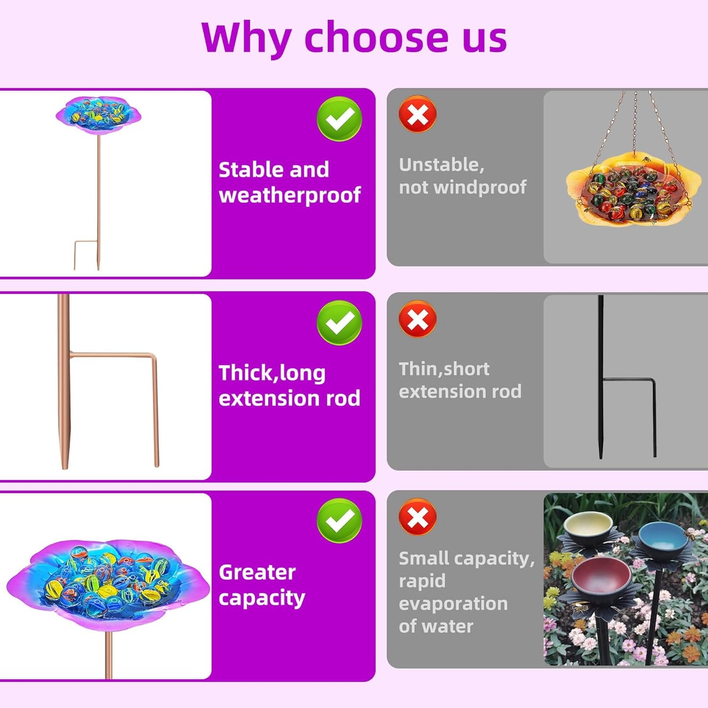 Bee Watering Station-Purple Butterfly Puddler Bee Bath & Feeder with Metal Stakes - 30 Glass Marbles, Vivid Flower Design, Garden Yard Decor (Purple-2PACK)