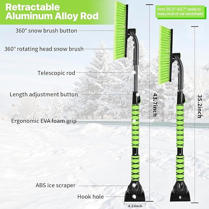 44" Ice Scraper and Snow Brush for Car Windshield with Extendable, 360° Pivoting, Soft Bristle Head, Foam Grip, for Car, Truck, SUV Window Tool (Green)