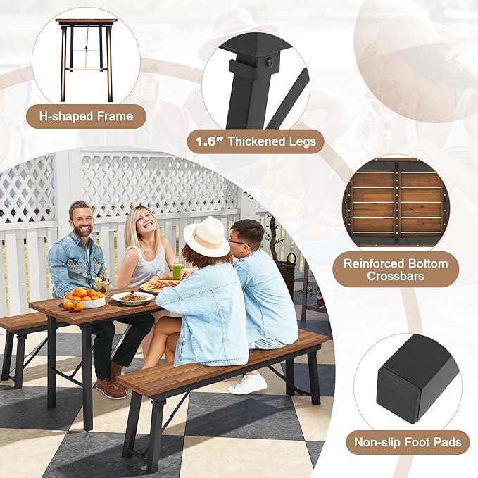 Tangkula Outdoor Dining Table With Benches for 4-6 Persons, No Assembly Foldable 59 Inches Narrow Patio Dining Table with Acacia Wood Top & Heavy Duty Metal Frame, for Yard, Garden, Poolside or Indoor