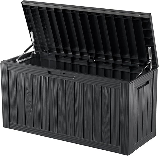 80GAL Black Outdoor Deck Box with Lockable Lid – Waterproof, SGS - Certified UV Resistance, Spacious Storage for Patio Cushions, Pool Accessories & Gardening Supplies, Easy Assembly