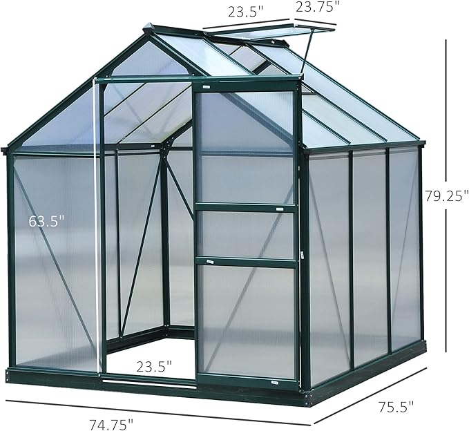 Outsunny 6' x 6' Greenhouse for Outdoors, Polycarbonate Greenhouse with Rain Gutter and Roof Vent, Aluminum Walk-in Green Houses for Outside for Patio Backyard Garden, Dark Green