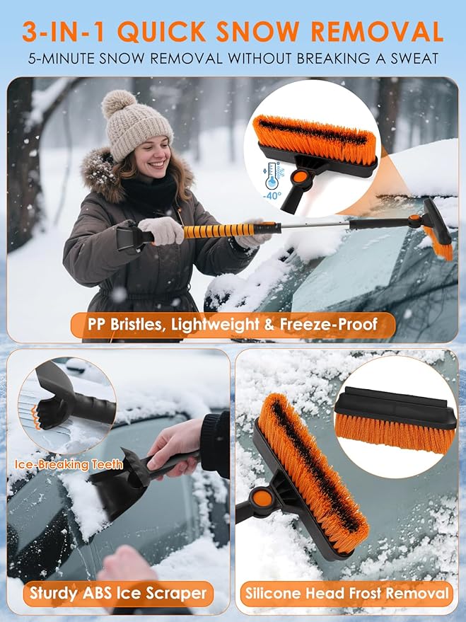 90° Fixed Rotation 3-in-1 Car Snow Brush and Ice Scraper for Cars Windshield with Silicone Squeegee Ergonomic Aluminum Foam Grip Handle 43.3" Extendable for Car Truck SUV Home Winter Snow Removal