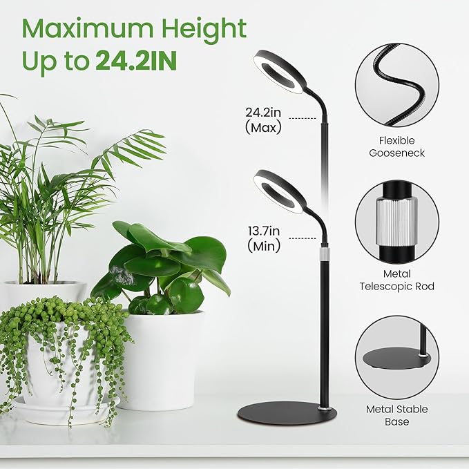 Desk Grow Lights for Indoor Plants, Red Blue UV Full Spectrum Desktop LED Plant Growing Lamps, Height Adjustable 14-24inch, 3/9/12H Auto Timer,10 Levels Dimmable, Black Table Growth Light