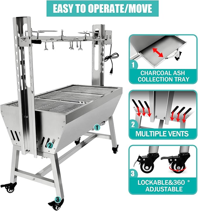 Rotisserie Grill Charcoal Spit Roaster, Stainless Steel 37" Pig Lamb Hooded Roaster Charcoal Spit With 25W Motor & Adjustable Height Lockable Casters For Party Barbecue,132 LBS Without Baffle