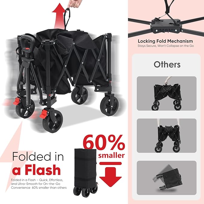 Collapsible Foldable Wagon Cart with 330lbs Weight Capacity, Heavy Duty Folding Wagon Cart with Big All-Terrain Wheels & Drink Holders. Black