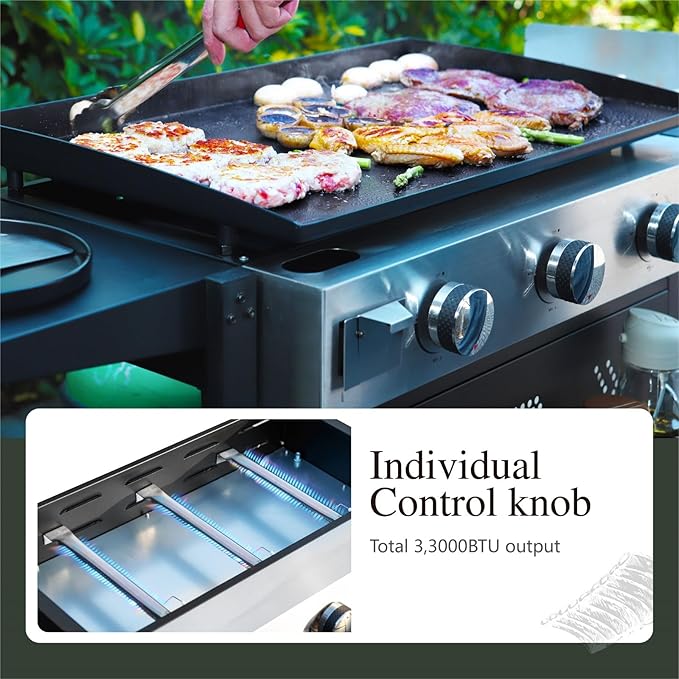 Sophia & William 27-Inch Flat Top Grill with Ceramic Coated Cast Iron Griddle, 3-Burner Propane Gas BBQ Griddle, Portable Outdoor Barbecue Grill,33,000 BTU,Black