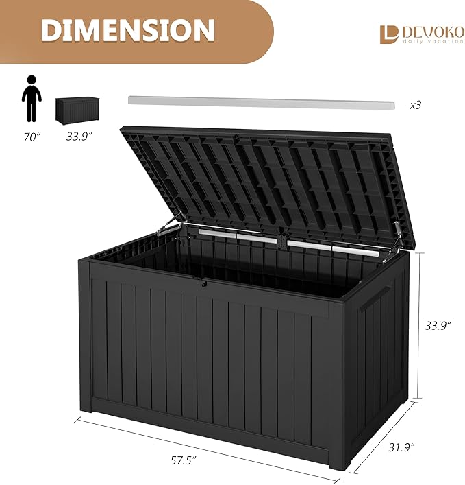 Devoko XXL 230 Gallon Resin Large Deck Box Waterproof Outdoor Storage Box Loackable for Patio Furniture Cushions and Garden Tools(230 Gallon, Black)