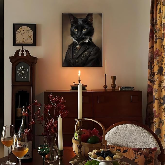 Black Cat Canvas Framed Wall Art Poster 11.5x15 Inch - Gothic Bathroom Decor, Dark Academia Home & Room Wall Decor Posters for Apartment, Cat Lover Gifts, Halloween Decorations