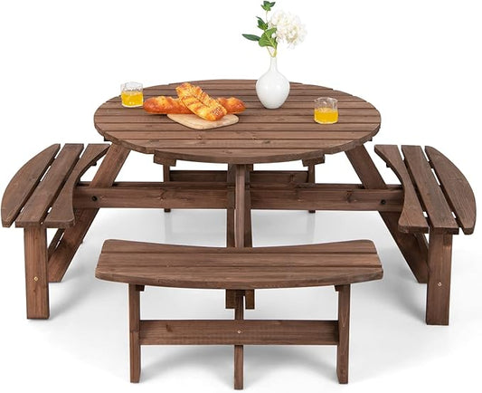 Tangkula 8 Person Wood Picnic Table, Outdoor Round Picnic Table with 4 Built-in Benches, Umbrella Hole, Outside Table and Bench Set for Garden, Backyard, Porch, Patio, 500lbs Capacity Per Bench