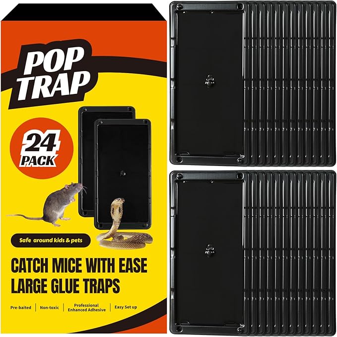 POPTRAP Rat Trap Heavy Duty & Large, Super Sticky Mouse Trap with Ultra-Strong Glue, Scent of Peanut Butter for Indoor & Outdoor, Non-Toxic (BigSize-24Pack)