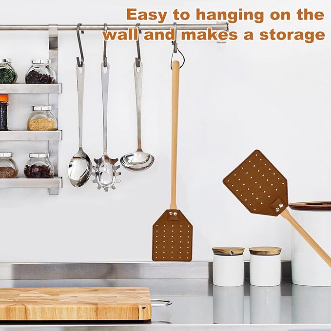 Heavy Duty Leather Fly Swatter, Long Handle Fly Swatter with Beech Wood Handle 19.7" Length, Flyswatter for Indoor and Outdoor (Brown)