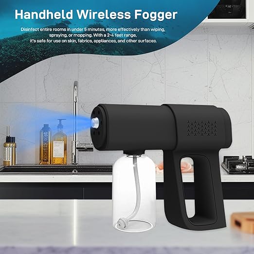Professional Disinfectant Fogger Machine, 380ml Wireless Fine Particle Sprayer Gun Handheld Sanitizer Fogger, Blue Light Foggers for Touchless Sanitization (Black)