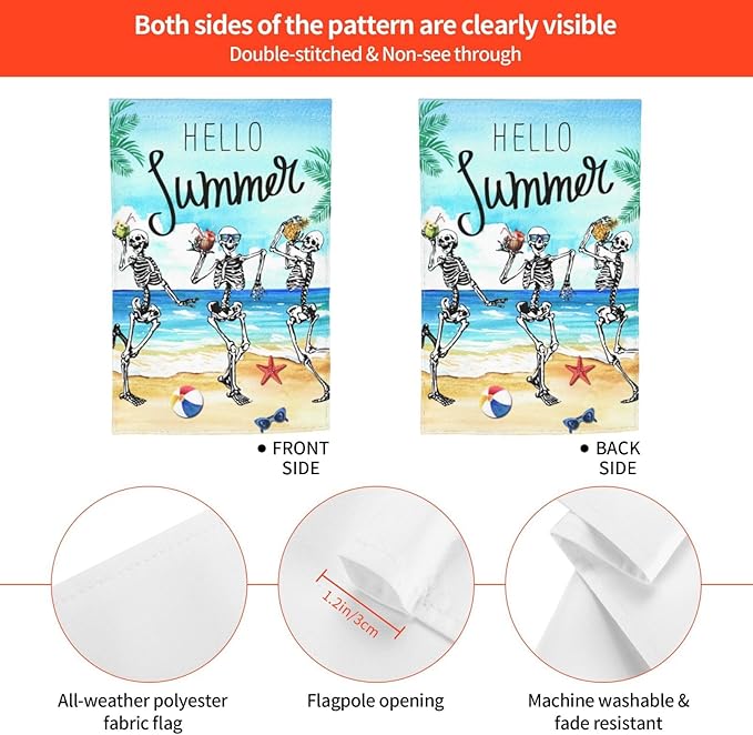 Hello Summer Skeleton Funny Skull Summer Coastal Hawaii Tropical Ocean Garden Flag Welcome Party Outdoor Outside Decorations Picks Home House Garden Yard Decor 12x18 Inch