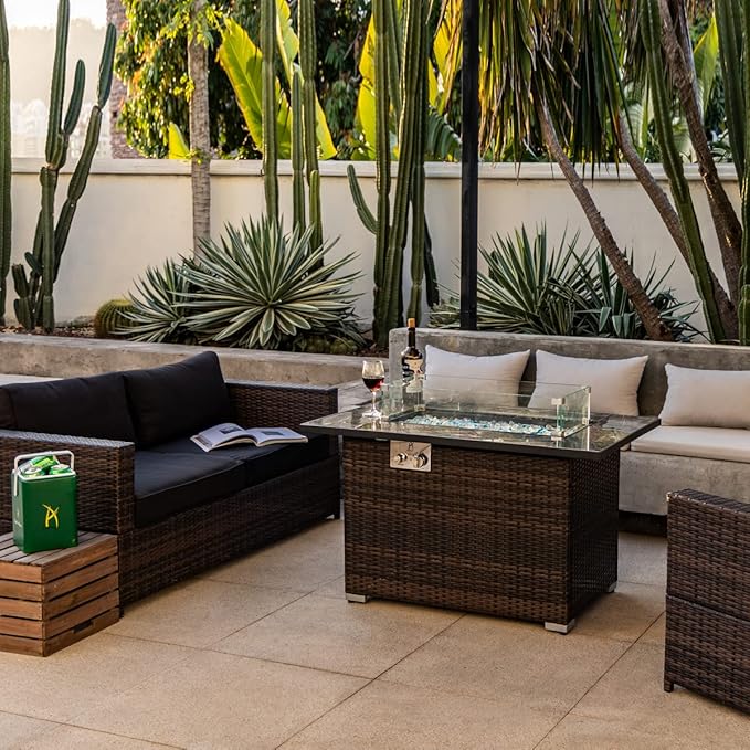 44in Outdoor Propane Gas Fire Pit Table, 50,000 BTU Auto-Ignition Gas Firepit with Glass Wind Guard, Marble Tile Tabletop, Mixed Color Glass Rocks, Brown PE Rattan…