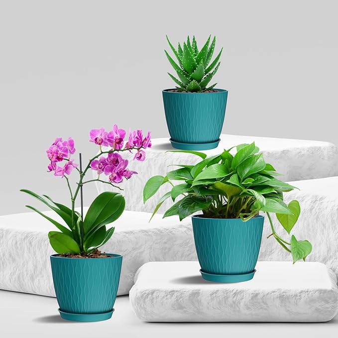 6 Inch Plant Pots, 6 Pack Flower Pots for Indoor and Outdoor Use, Planters with Drainage Holes and Saucers, Black with Speckles